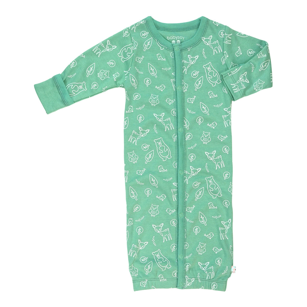 Baby newborn snap gown sleep sack with forest animals pattern print in green color with mittens 0-3 months