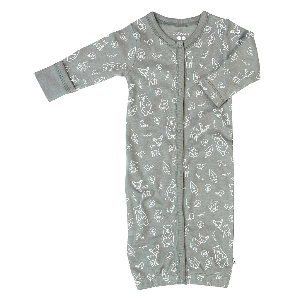 Baby newborn snap gown sleep sack with forest animals pattern print in thunder grey color with mittens