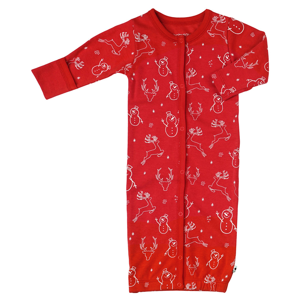 Baby snap gown sleep sack pattern print in christmas red snow color with mittens 0-3 Months