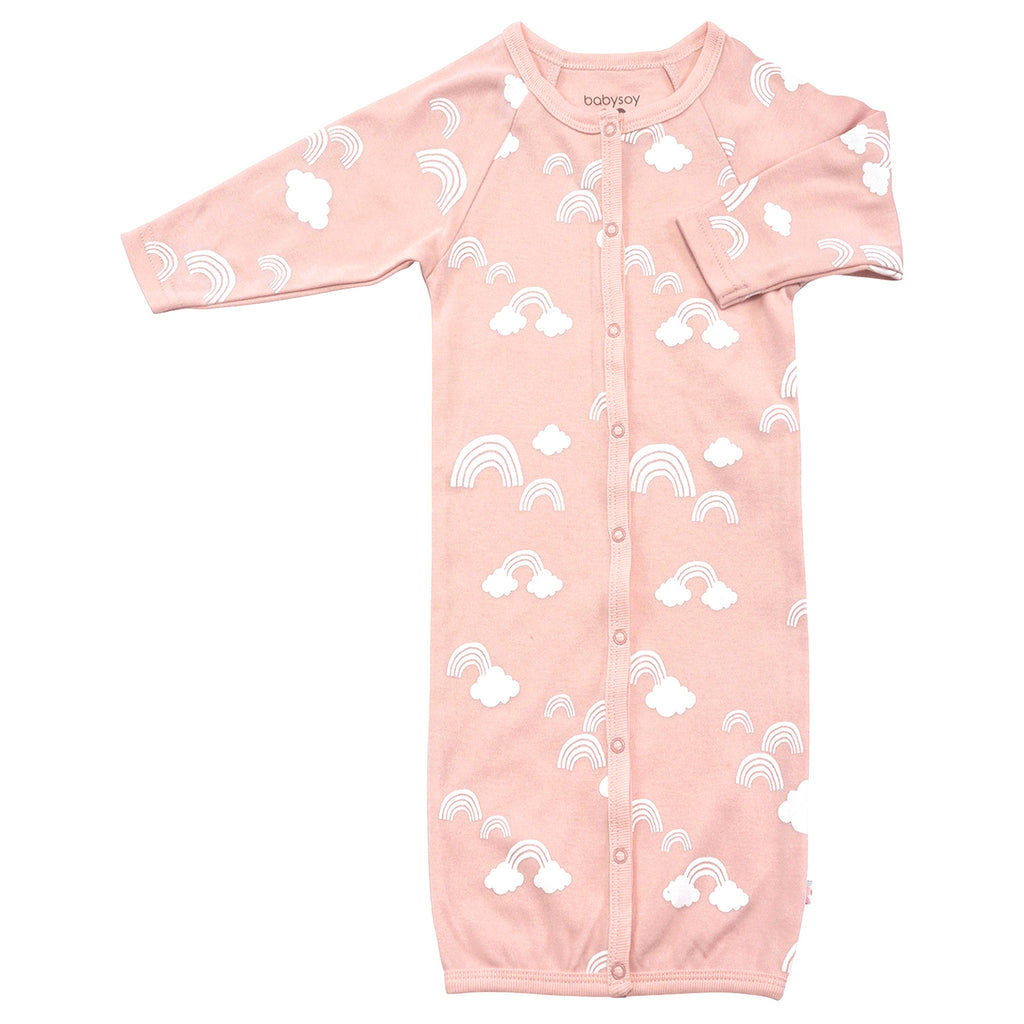Baby snap gown sleep sack with rainbow pattern print in peony pink color with mittens