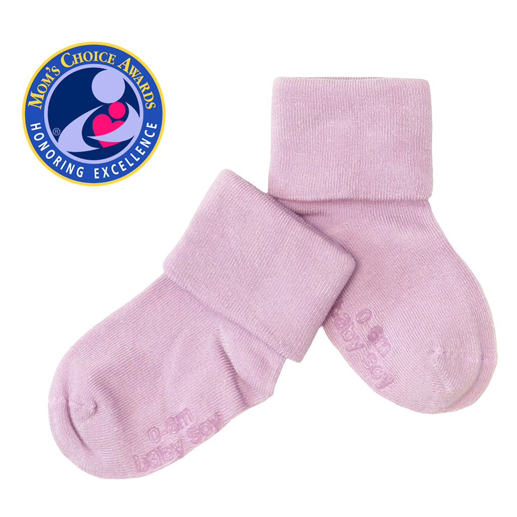babysoy stay on baby infant newborn socks with gripper in lavender purple size 0-6 months