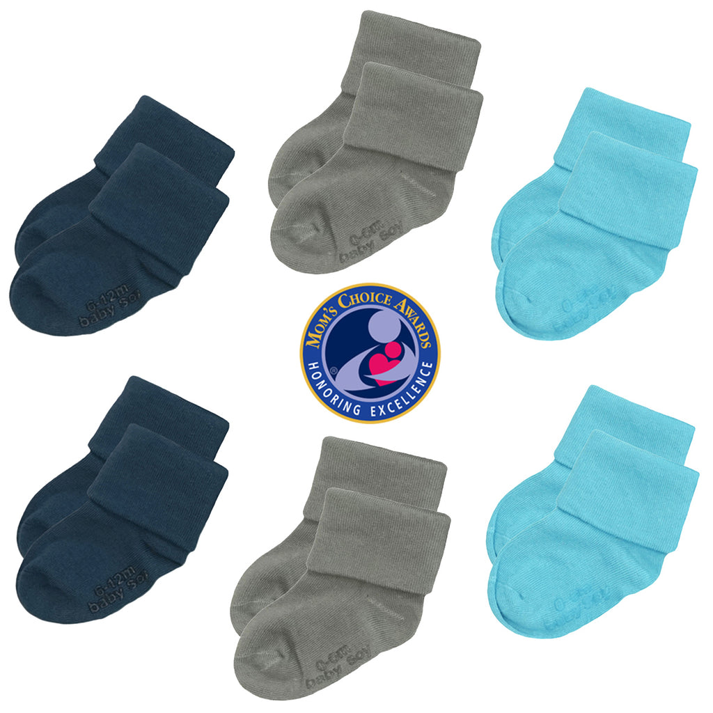 Babysoy BABY toddler newborn boy unisex  Stay on Socks with Grips- Set of 6 in blue indigo grey 6-12 months