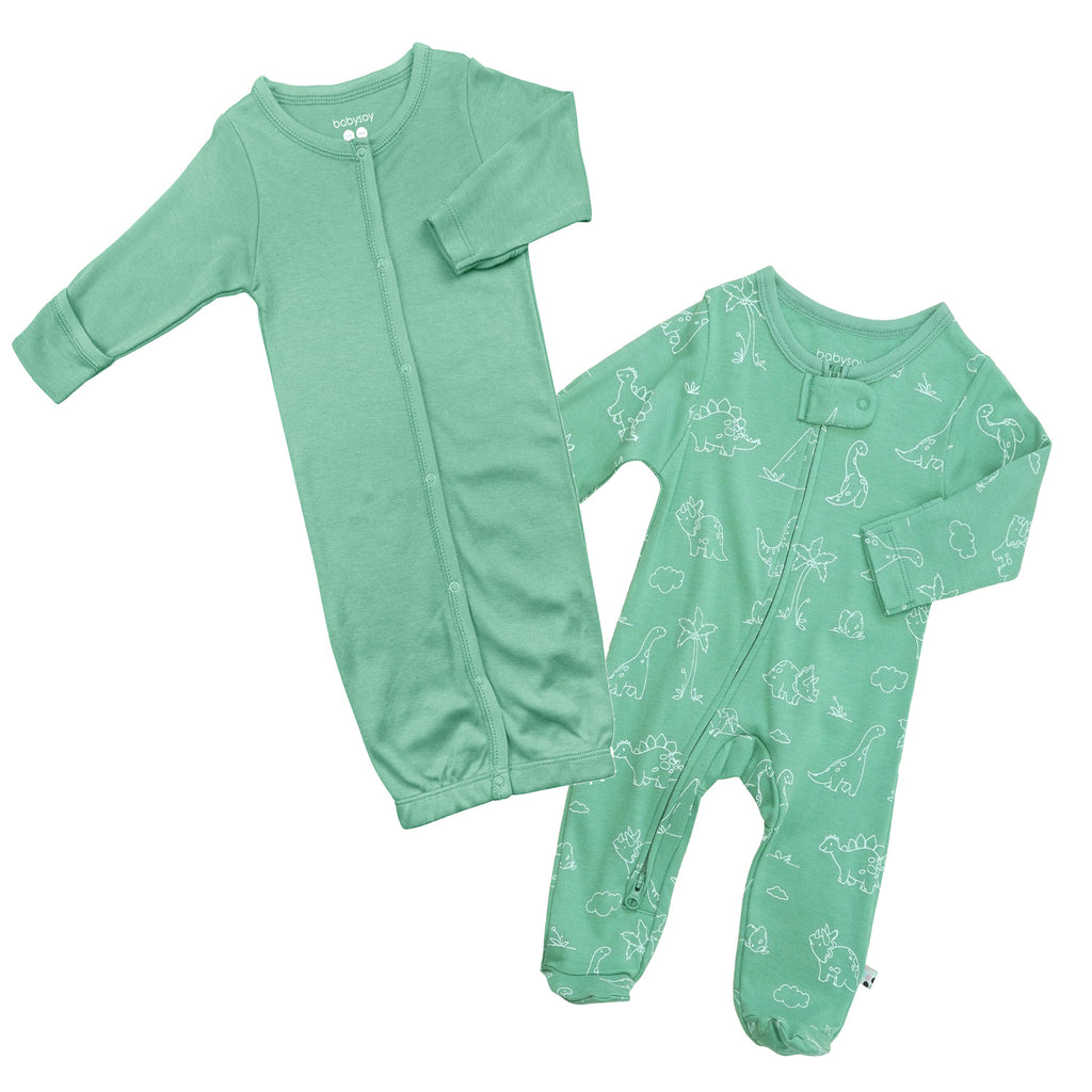 Newborn Baby Sleep Gown/sack & Footie sleepers set in unisex dinosaurs dragon green 0-3 Months