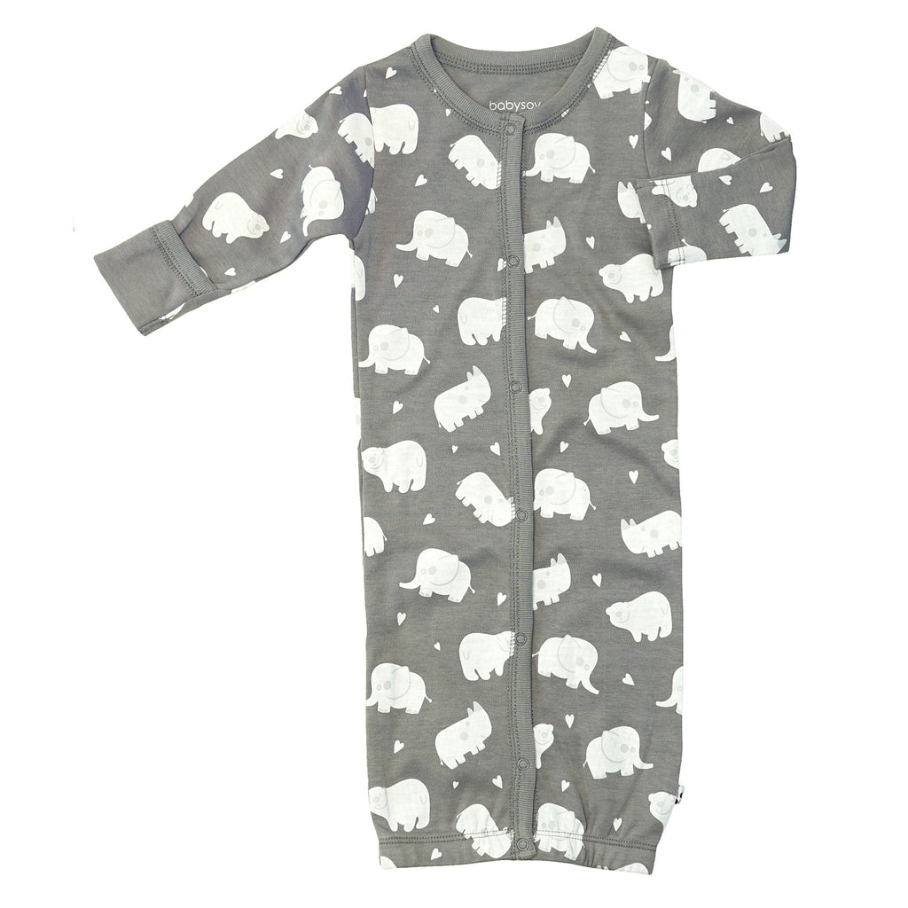 Baby organic snap gown sleeper sack for newborns with thunder grey animal print with mittens