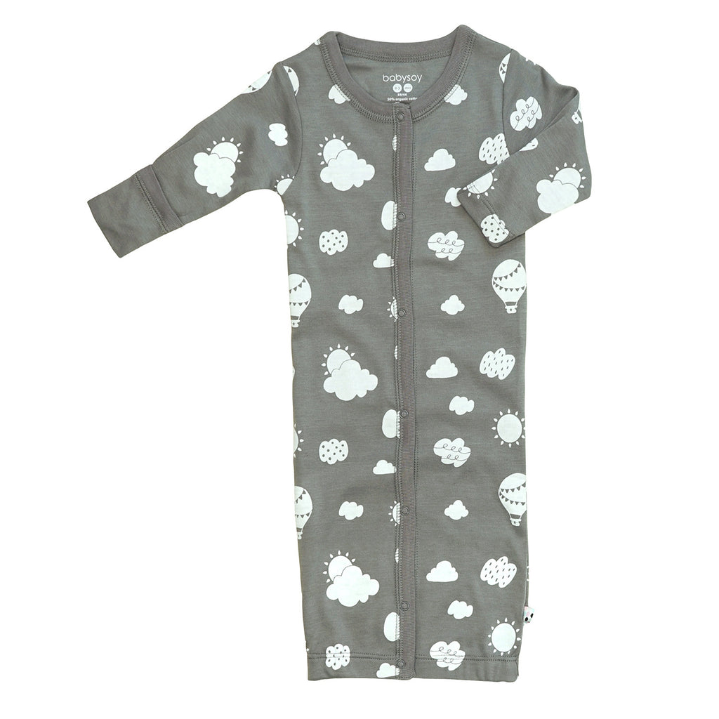 Baby snap gown sleep sack with balloon sun sky pattern print in thunder grey color with mittens