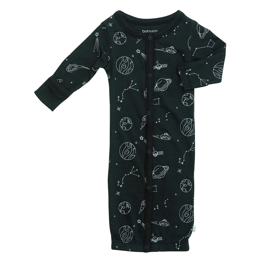 Baby snap gown sleep sack with space pattern print in pirate black color with mittens