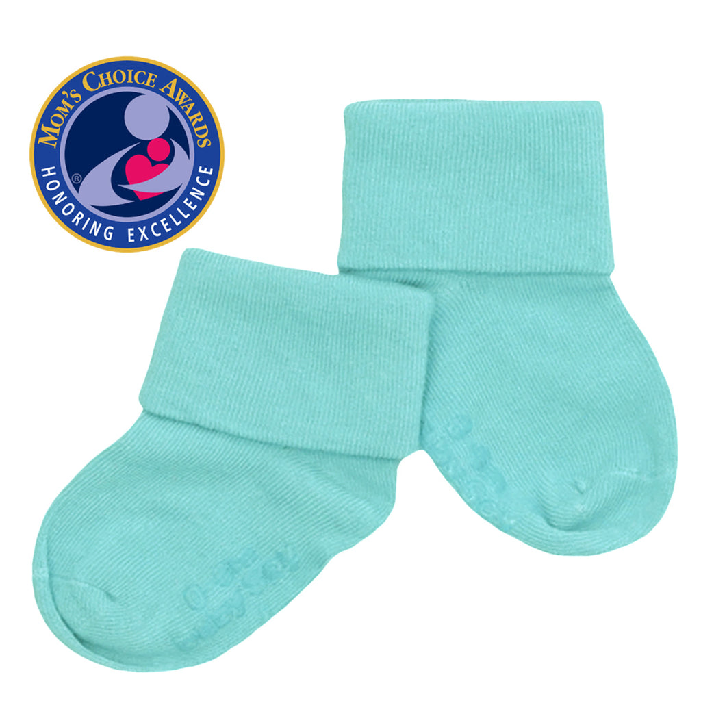 baby toddler unisex organic socks with gripper in green blue harbor 6-12 months