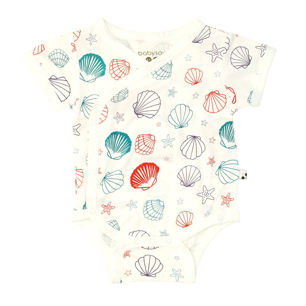 Babysoy organic pattern prints baby Kimono wrap around Short Sleeve onesie/Bodysuit sea shells