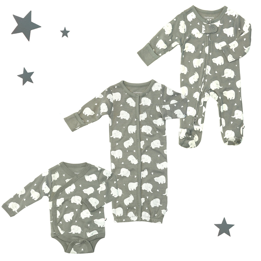 Newborn Baby Organic Gown/Footie/Onesie 3-PC Essential Set Thunder grey 0-3 Months