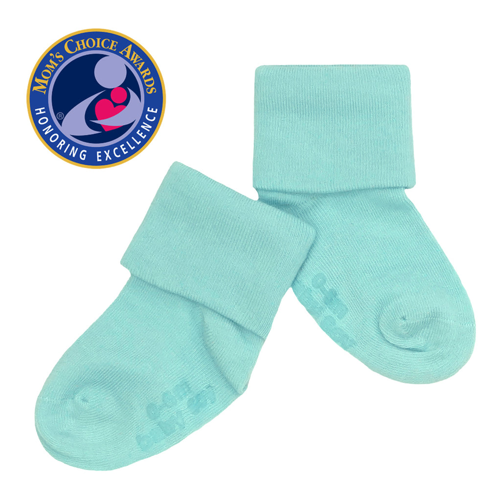 baby toddler unisex organic socks with gripper in green blue harbor 6-12 months