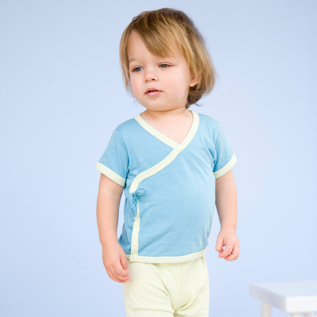 Toddler Short Sleeve Japanese Side Snap Kimono Tee top shirt Ocean Blue