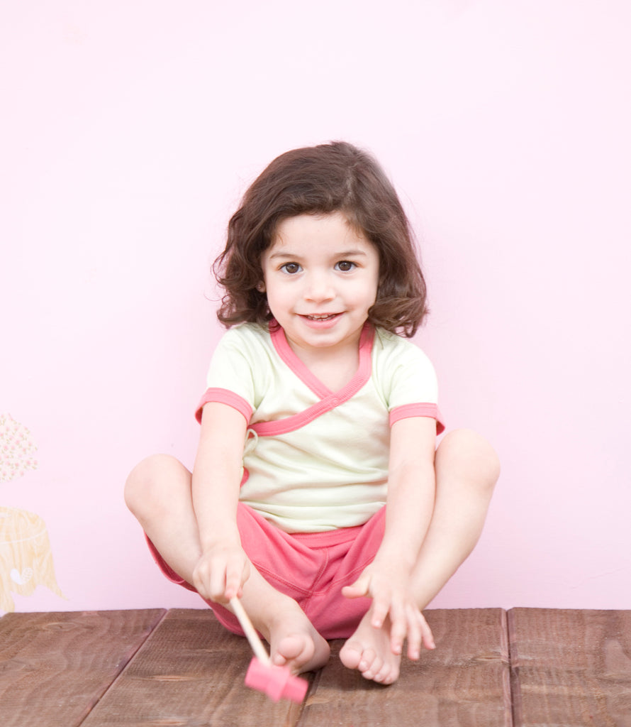 Toddler Short Sleeve Japanese Side Snap Kimono Tee top shirt  Tea and Pink