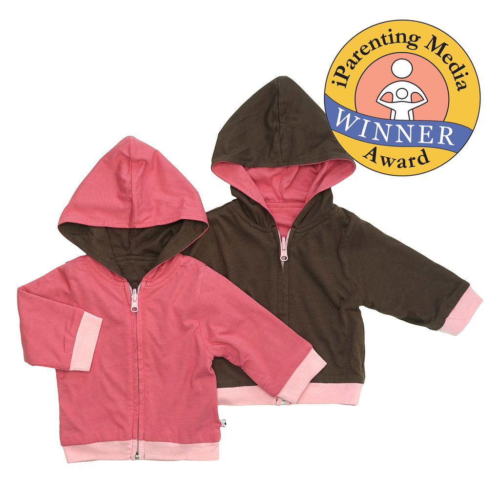 Babysoy Basic Reversible Baby Toddler Zipper Lightweight Hoodie in blossom red and chocolate brown