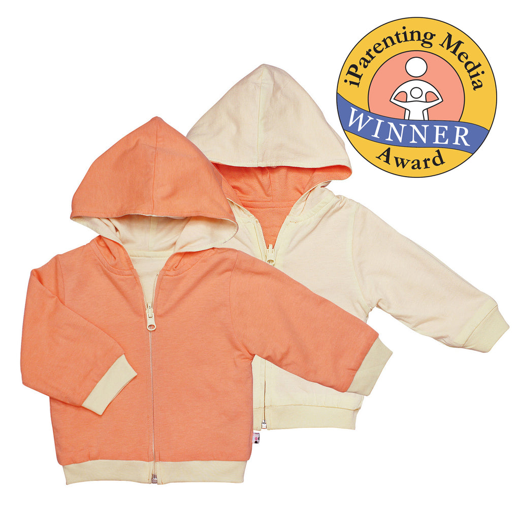 Babysoy Basic Reversible Baby Toddler Zipper Lightweight Hoodie in cantaloupe orange and cream soy color