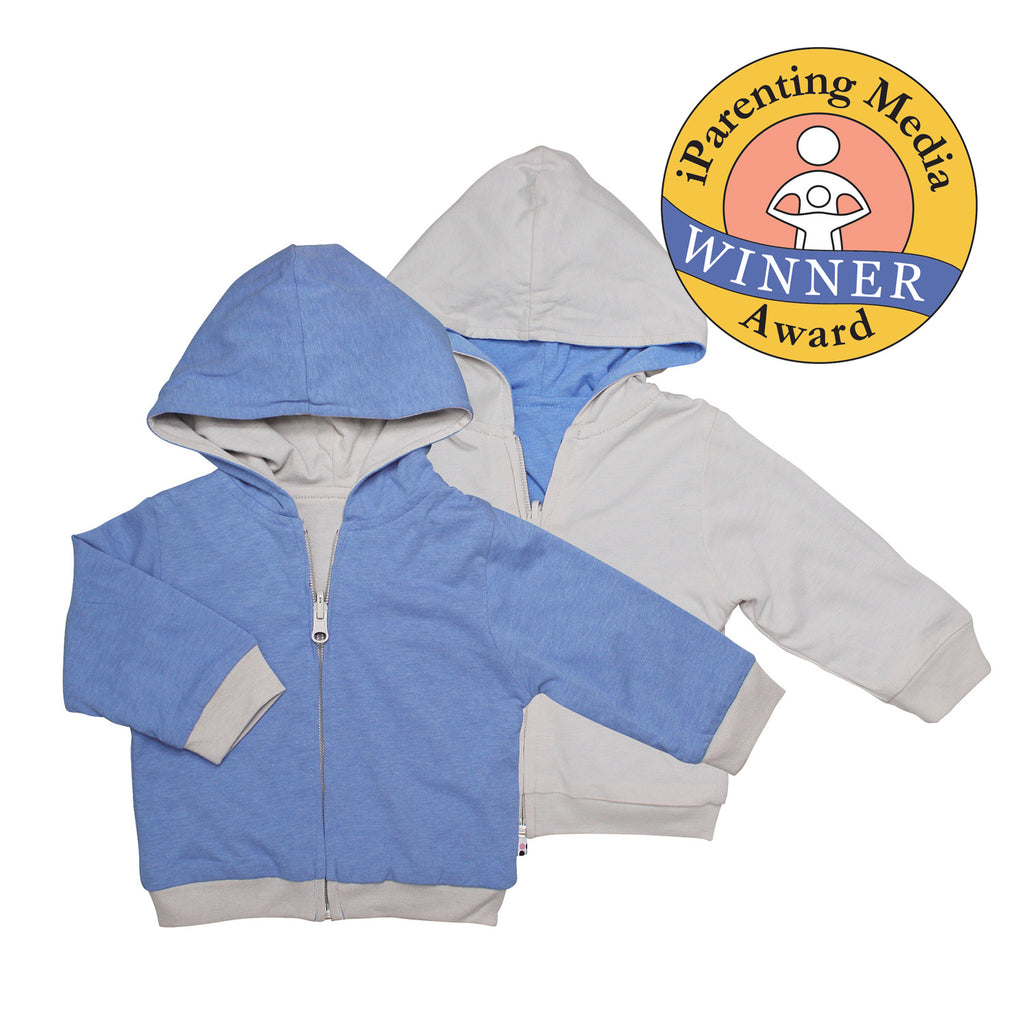 Babysoy Basic Reversible Baby Toddler Zipper Lightweight Hoodie in Lake Blue and cloud grey