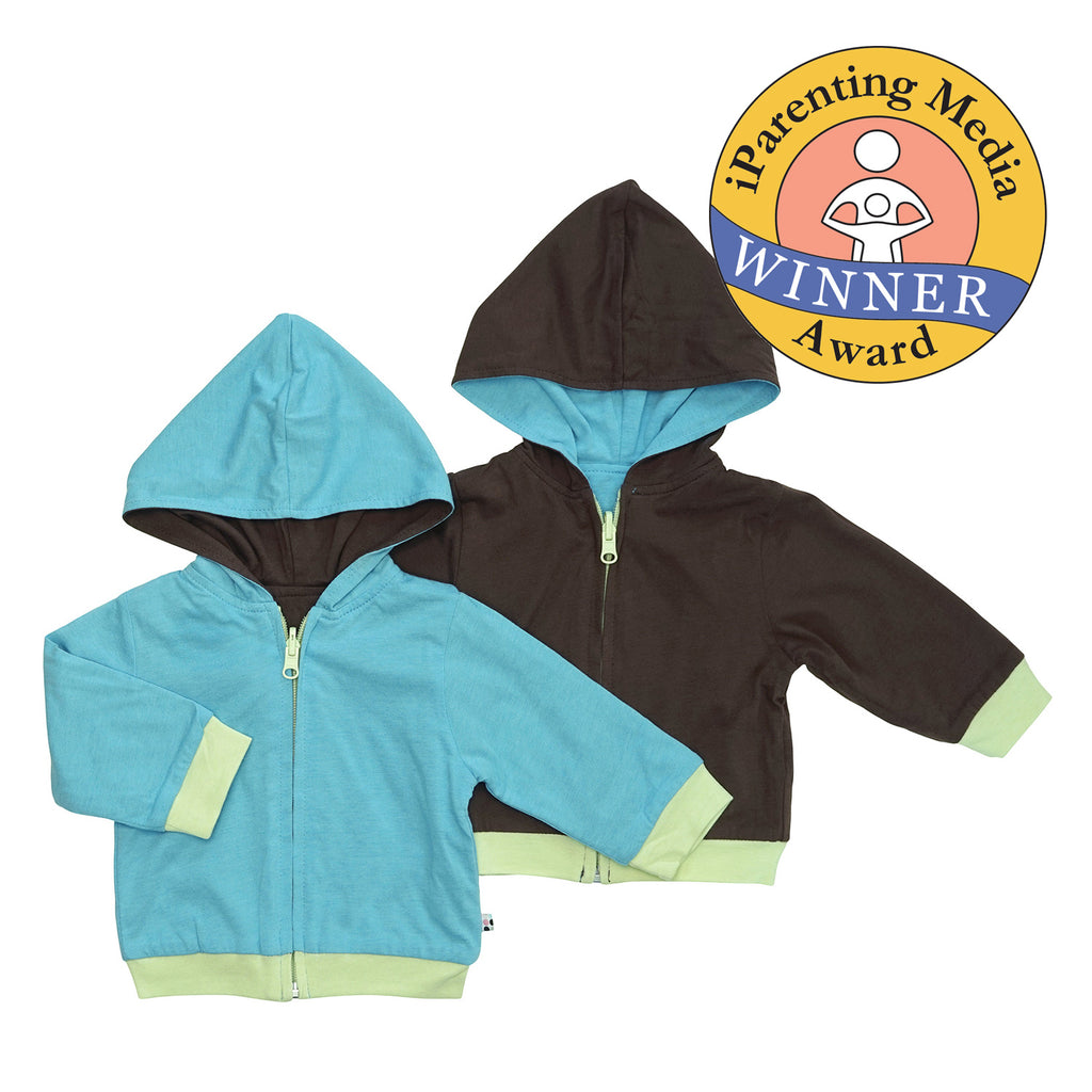 Babysoy Basic Reversible Baby Toddler Zipper Lightweight Hoodie in Ocean Blue and brown chocolate