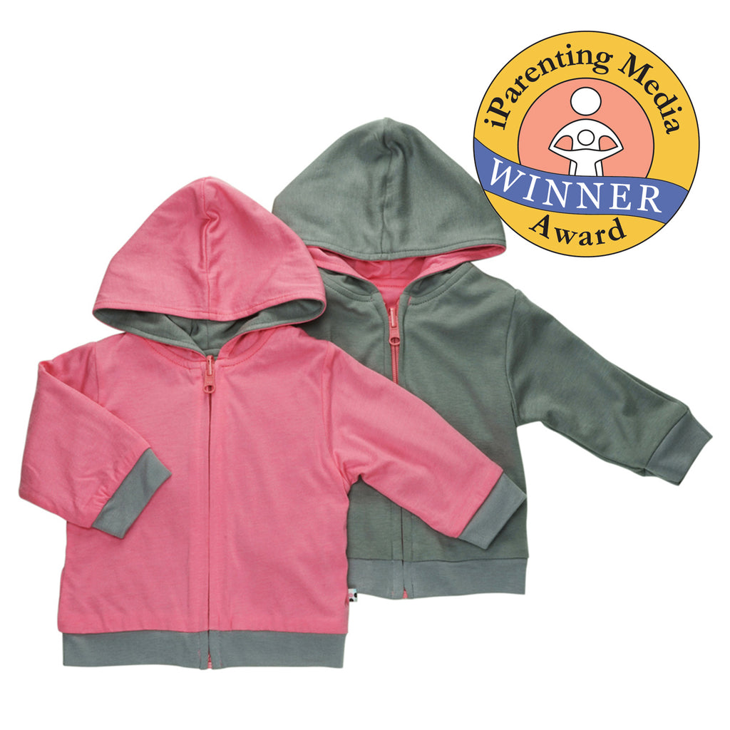 Babysoy Basic Reversible Baby Toddler Zipper Lightweight Hoodie in Pink Lemon and dark grey