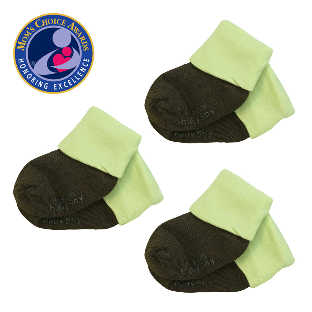 Babysoy Signature Stay on Socks- Set of 3 in two tone color tea green and chocolate brown