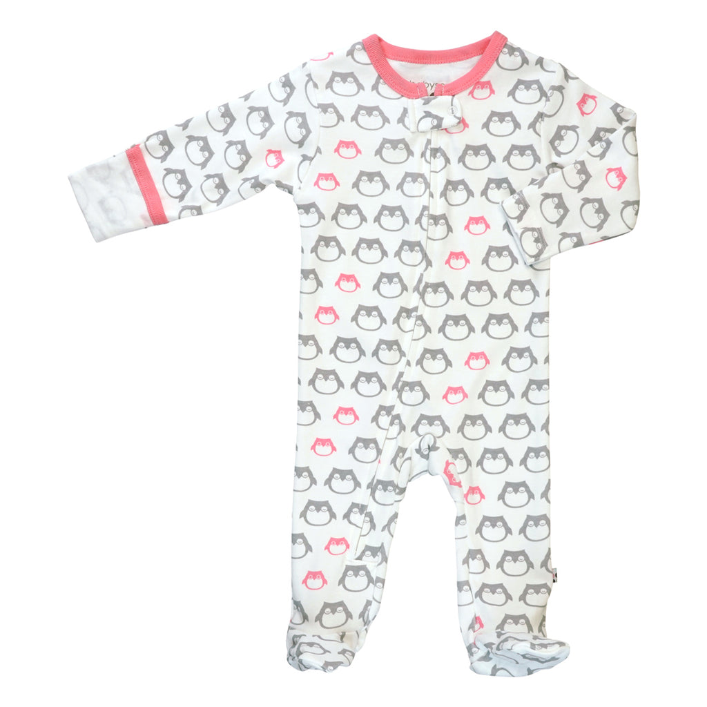 100% Organic Cotton Animal Pattern Print Zipper Footie Baby Sleeper with Feet owl in pink