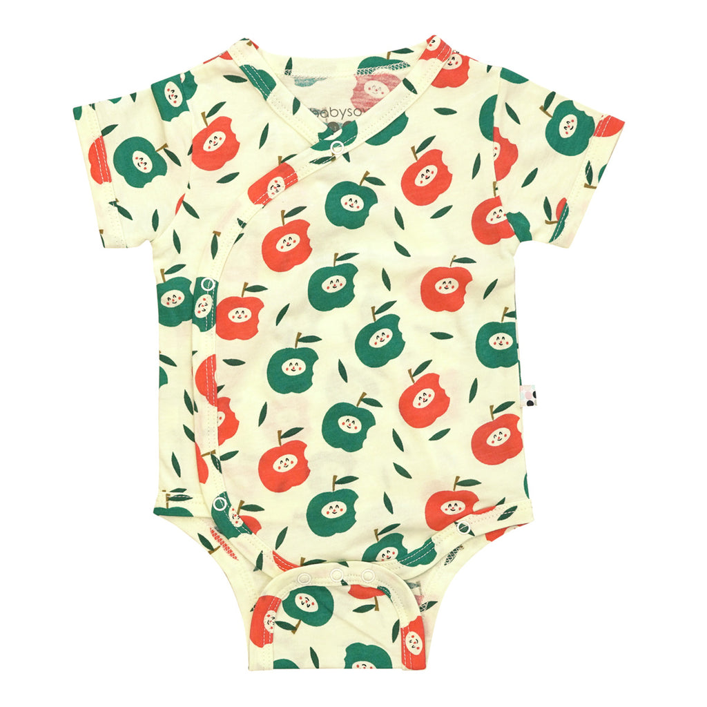 Babysoy organic pattern prints baby Kimono wrap around Short Sleeve onesie/Bodysuit apples