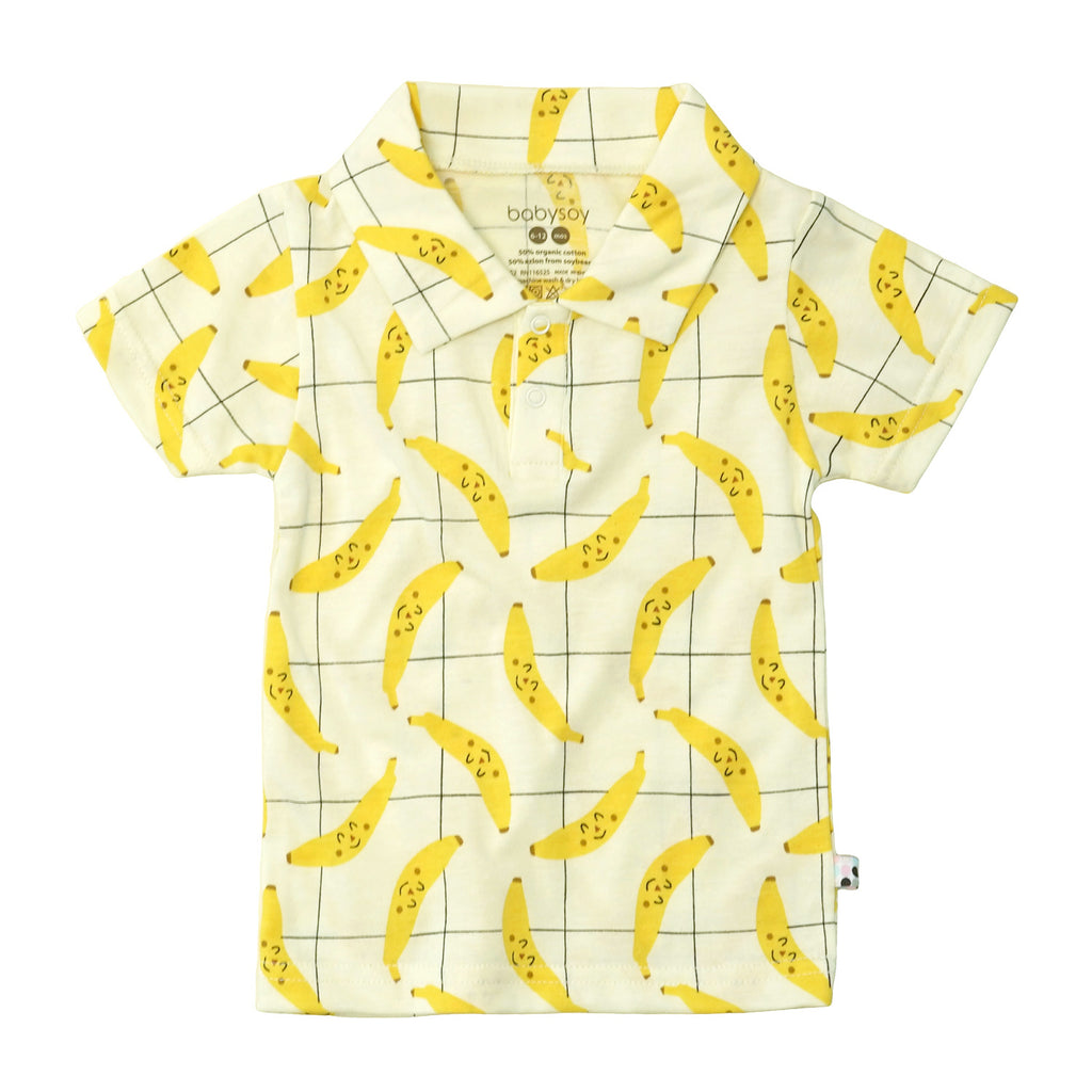 Organic Baby Toddler Pattern Short Sleeve Polo Tee shirt yellow bananas 18-24 Months