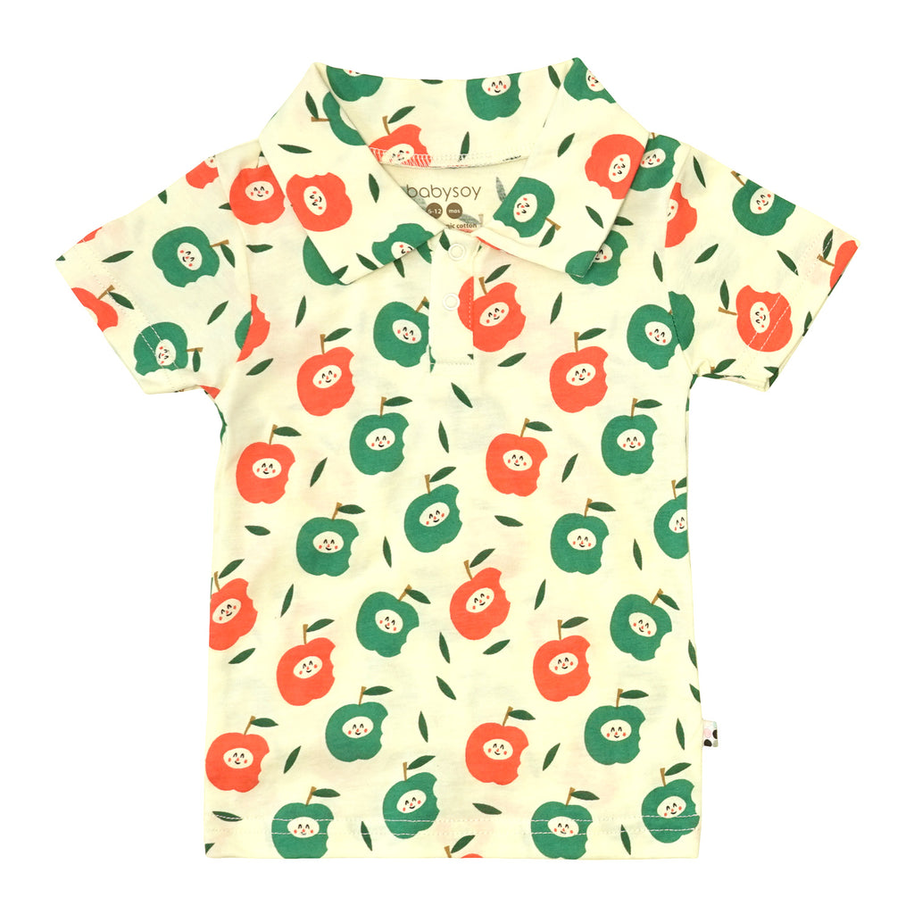 Organic Baby Toddler Pattern Short Sleeve Polo Tee shirt in Apples 2T