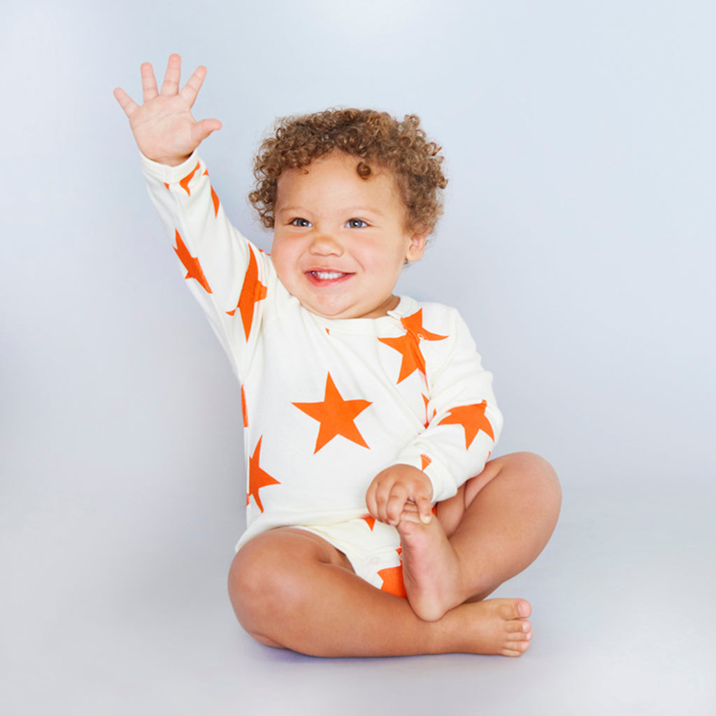 Baby Big Star Pattern Snap long sleeve bodysuit onesie in persimmon orange