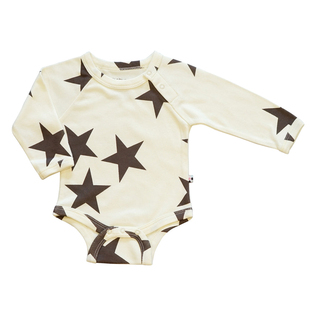 Baby Big Star Pattern Snap long sleeve bodysuit onesie in acorn brown