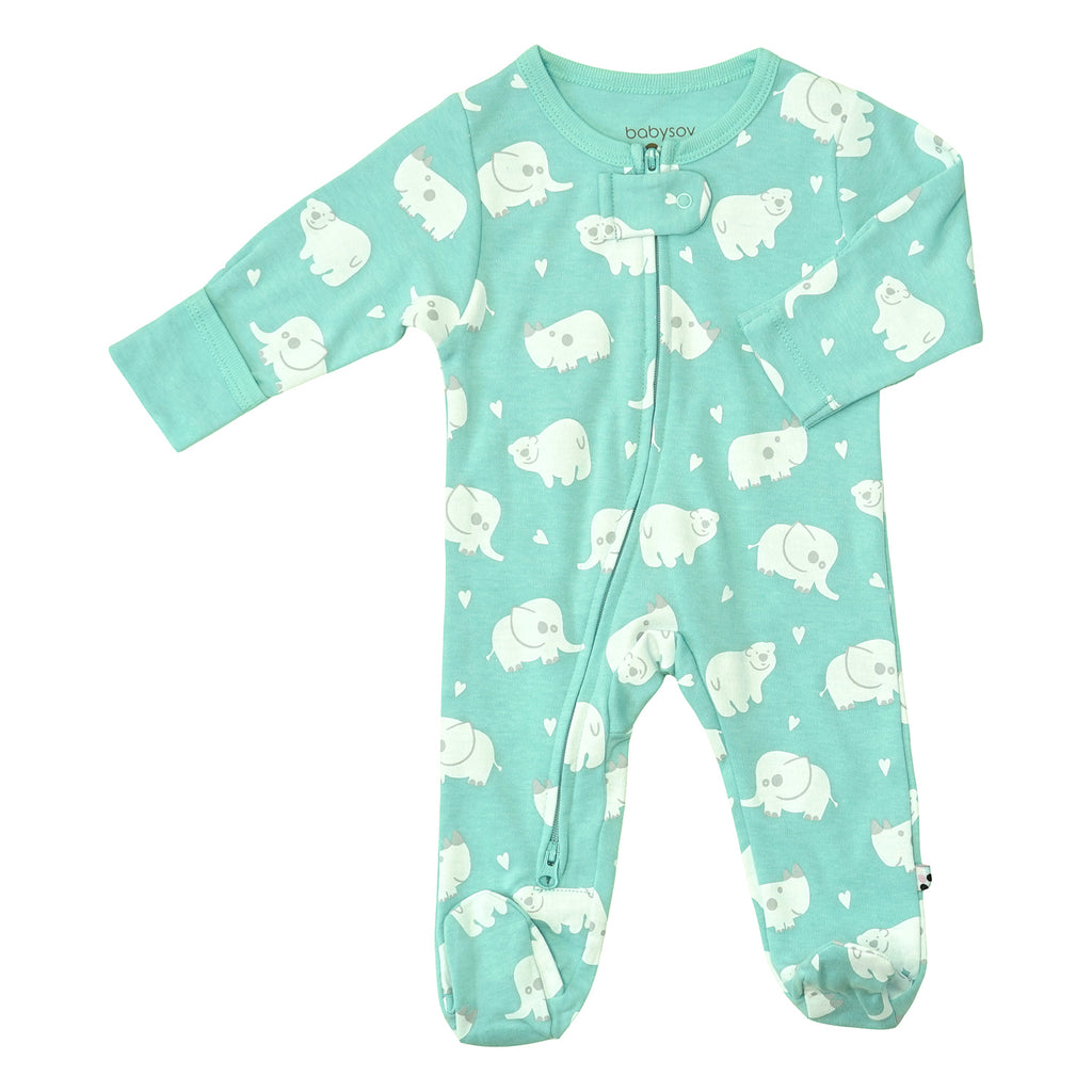 Baby organic footie sleepers pajamas animal rhino harbor blue 0-3 months