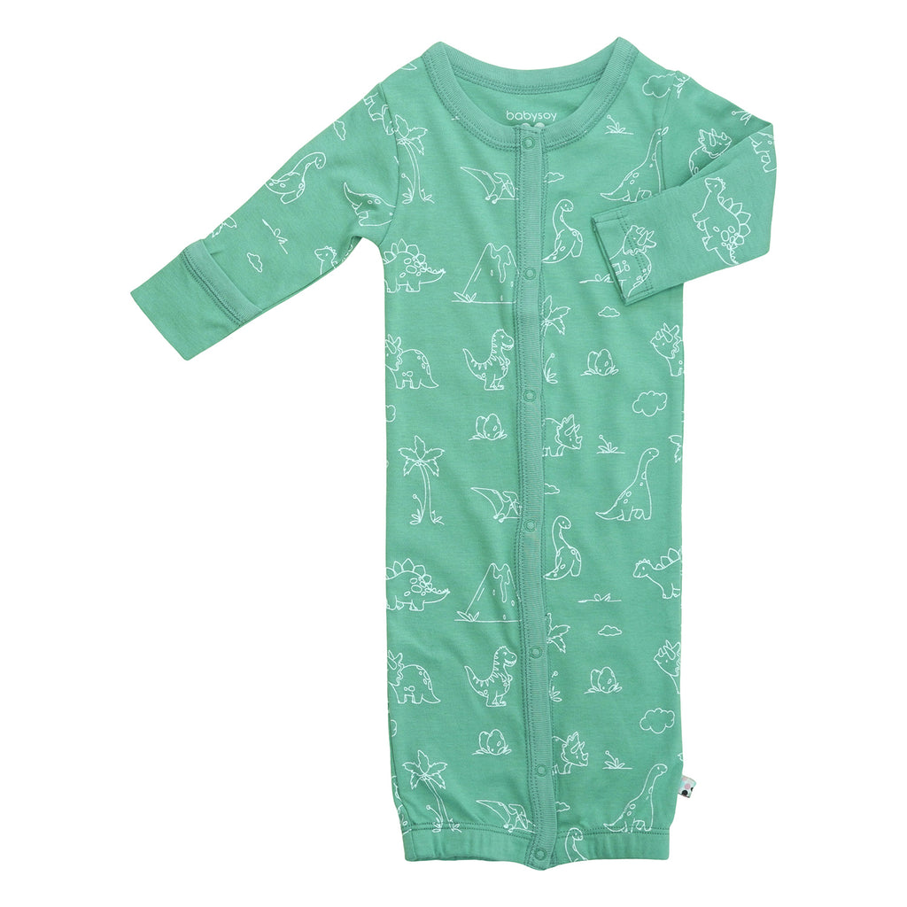 Baby snap gown sleep sack with dinosaurs pattern print in dragonfly green color with mittens