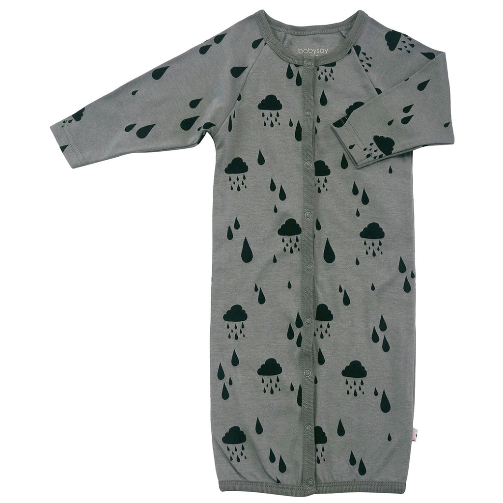 Baby snap gown sleep sack with rain pattern print in thunder grey color with mittens