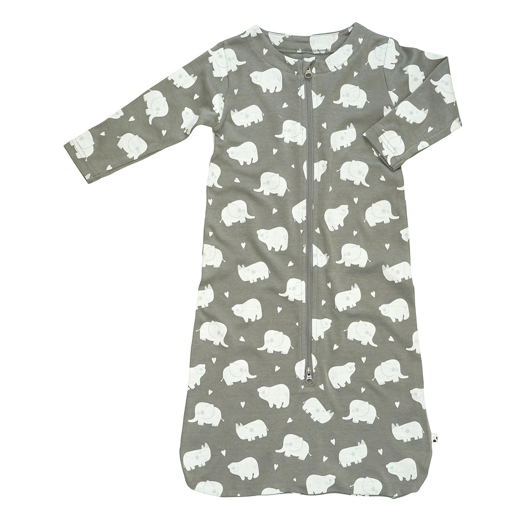 Organic sustainable baby infant newborn sleep sack wearable blanket long sleeve in grey animals