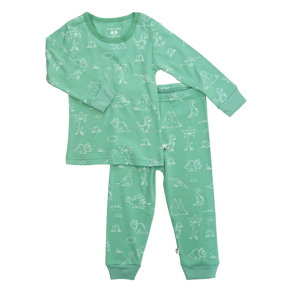 babysoy toddler long sleeve pajamas set in dinosaurs prints green 12-18 months