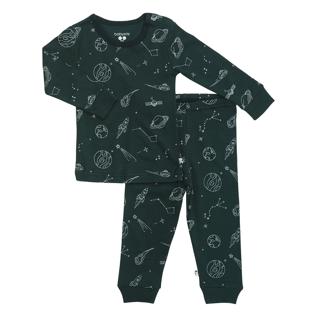 babysoy toddler long sleeve pajamas set in space black 2T