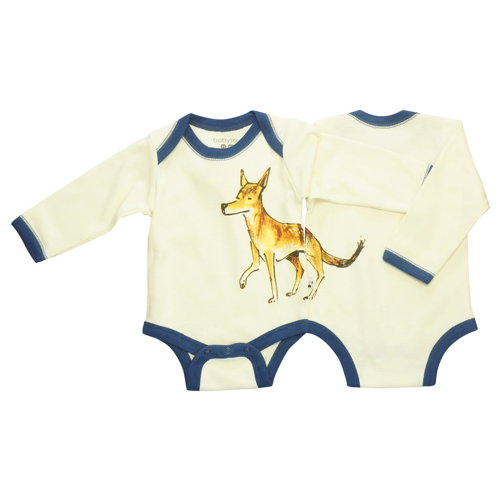 Babysoy x Jane Goodall - Wolf Collection baby infant long sleeve bodysuit onesie romper in blue indigo