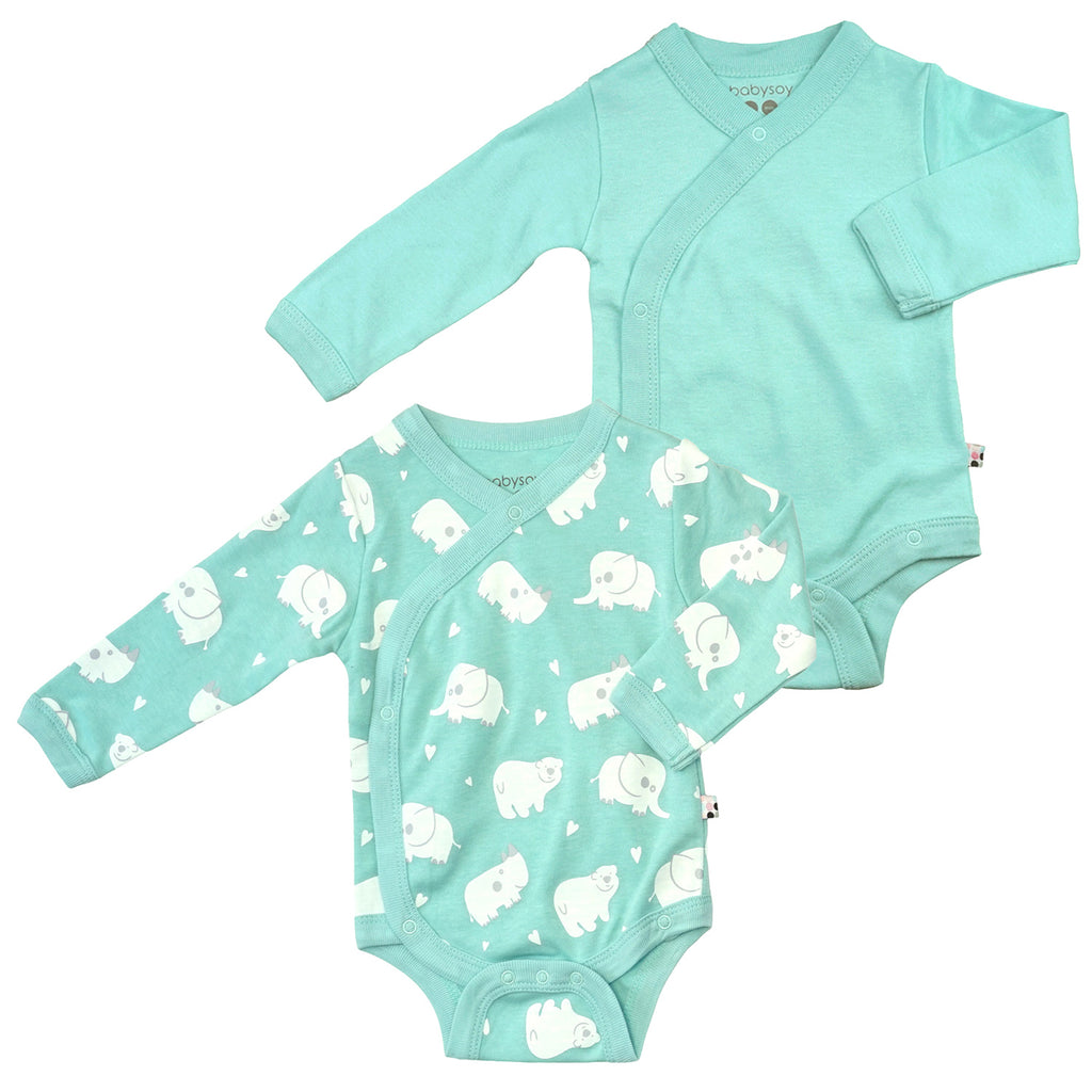 Baby Organic Solid and Elephant Print Pattern Long Sleeve Baby Kimono Bodysuit/Onesie in Harbor Blue pack of 2's