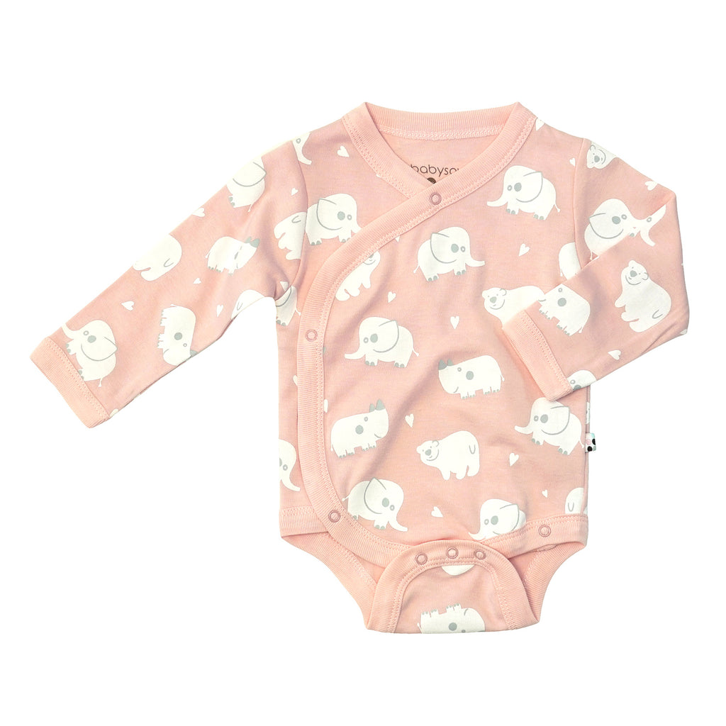 Organic Animal Bear Pattern Long Sleeve Baby Kimono Bodysuit/Onesie in Pink