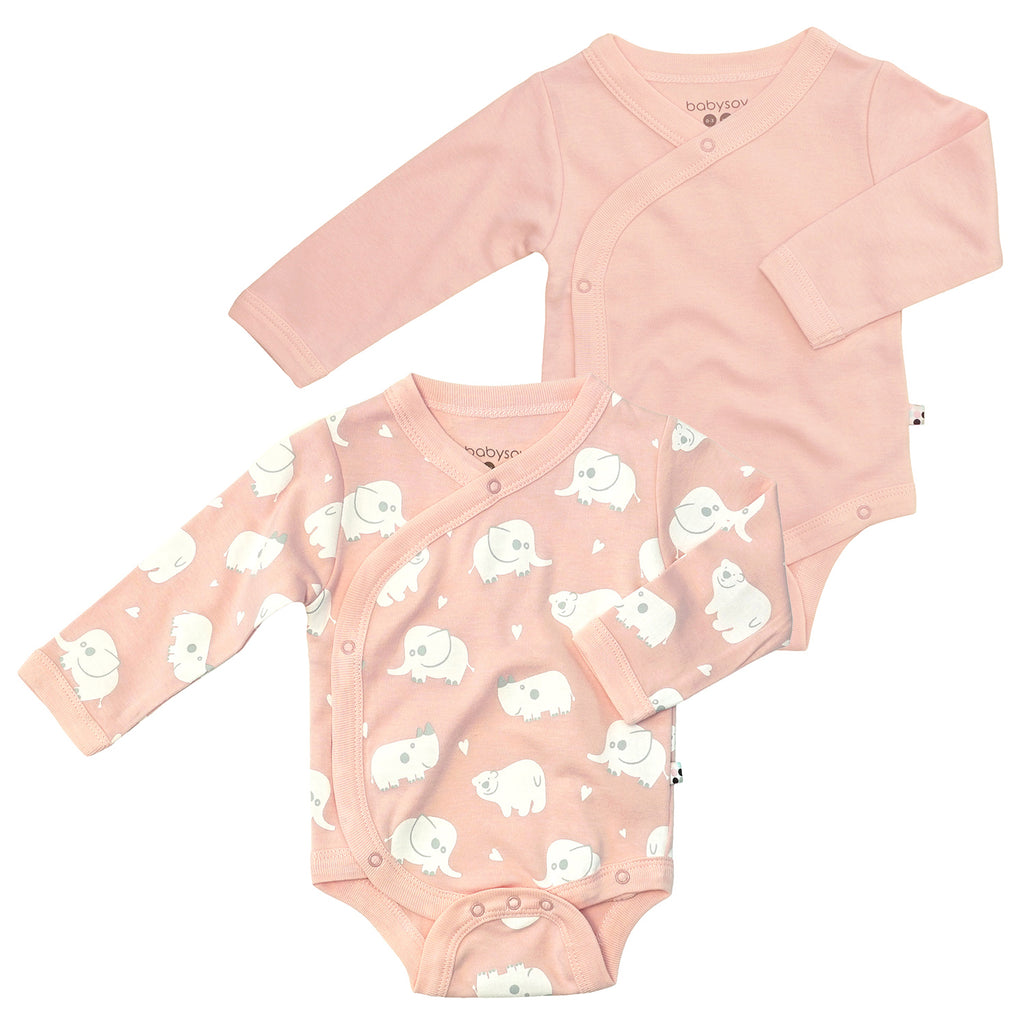 Baby Organic Solid and Elephant Print Pattern Long Sleeve Baby Kimono Bodysuit/Onesie in Pink Peony pack of 2's