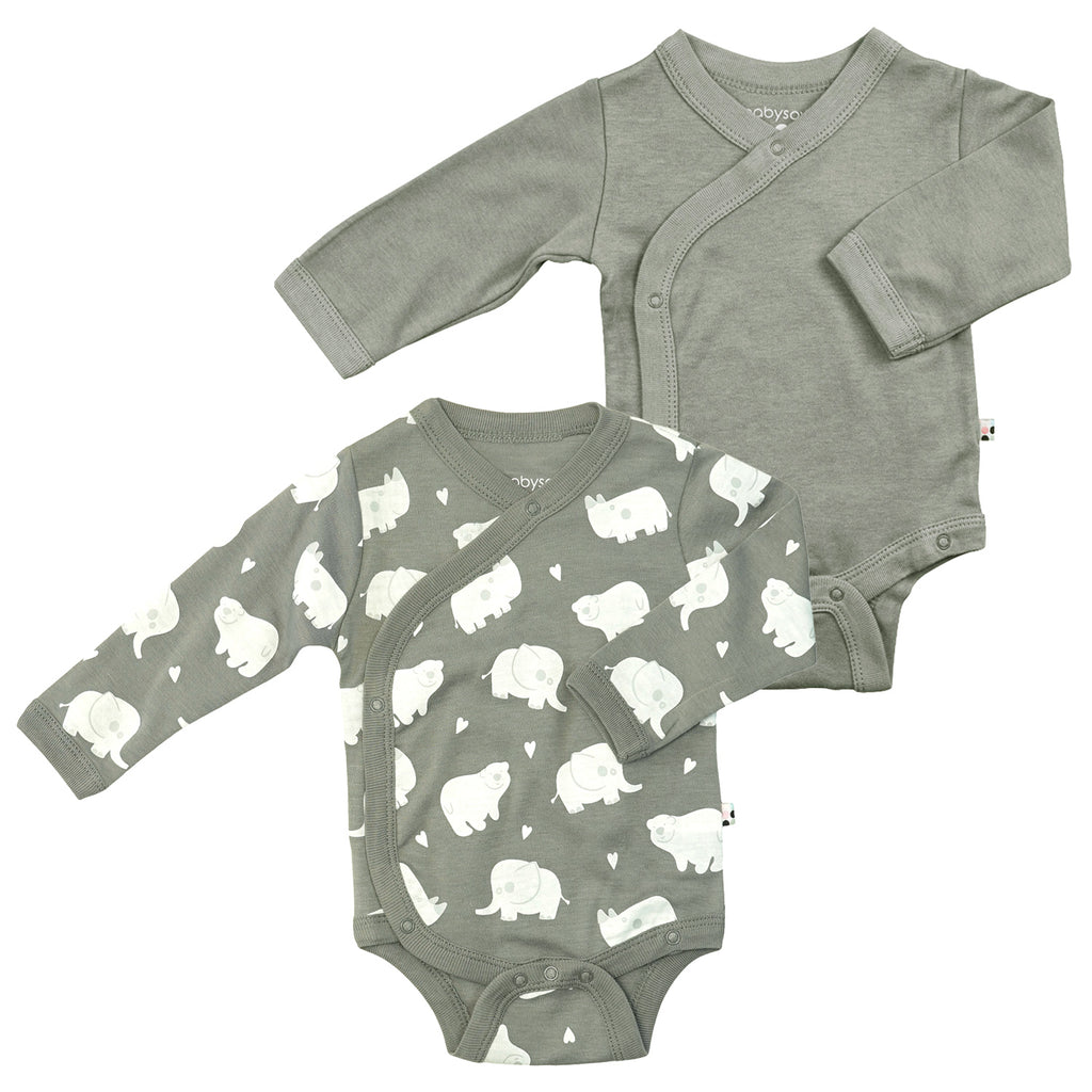 Baby Organic Solid and Elephant Print Pattern Long Sleeve Baby Kimono Bodysuit/Onesie in thunder grey 0-3 months pack of 2's
