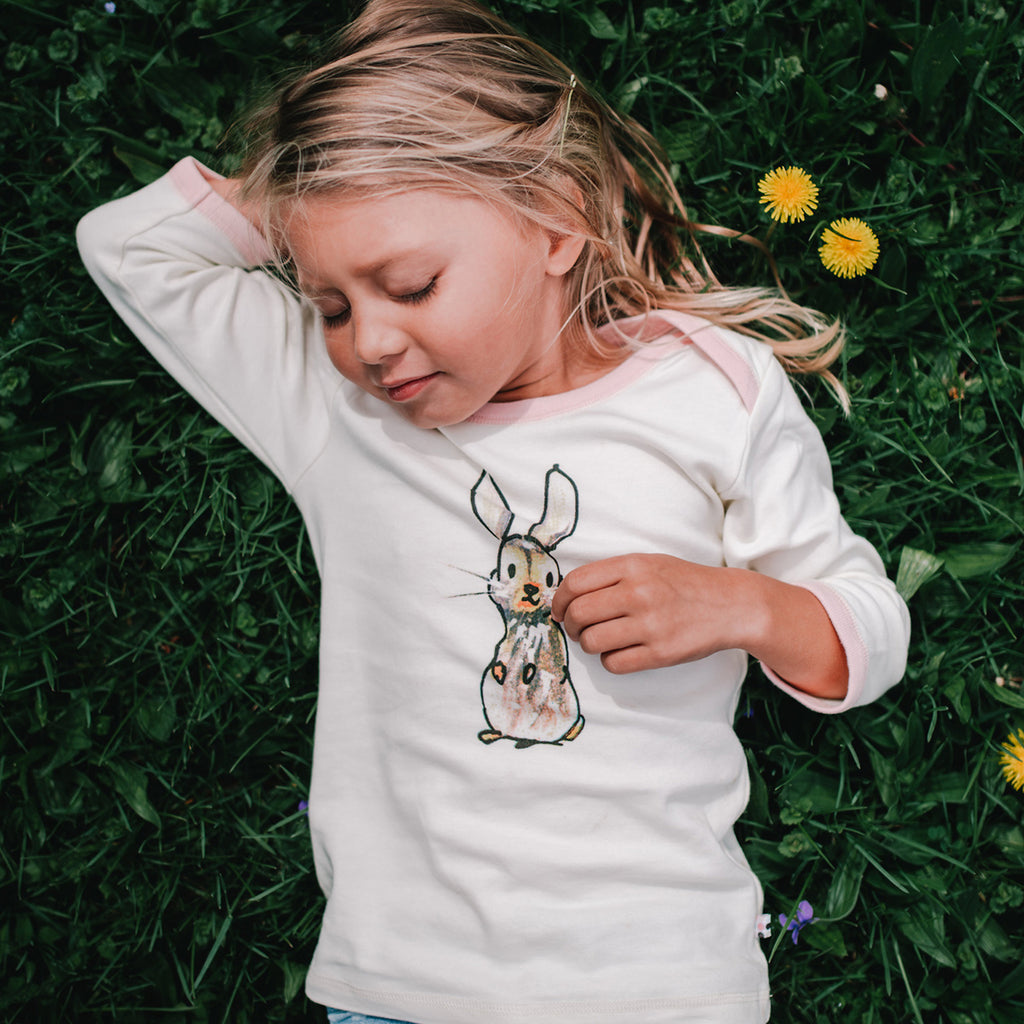 Jane Goodall Baby toddler long sleeve comfort Lounge Tee in rabbit bunny pink