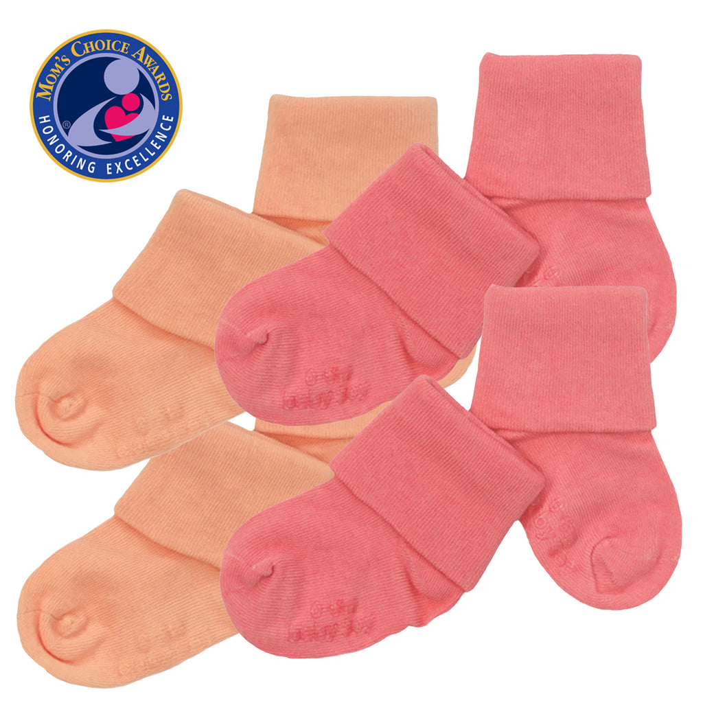 Babysoy BABY toddler newborn Stay on Socks with Grips- Set of 4 in PINK LEMON and orange