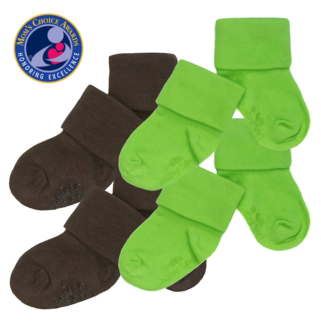 Babysoy BABY toddler newborn Stay on Socks with Grips- Set of 4 in grass green and chocolate brown