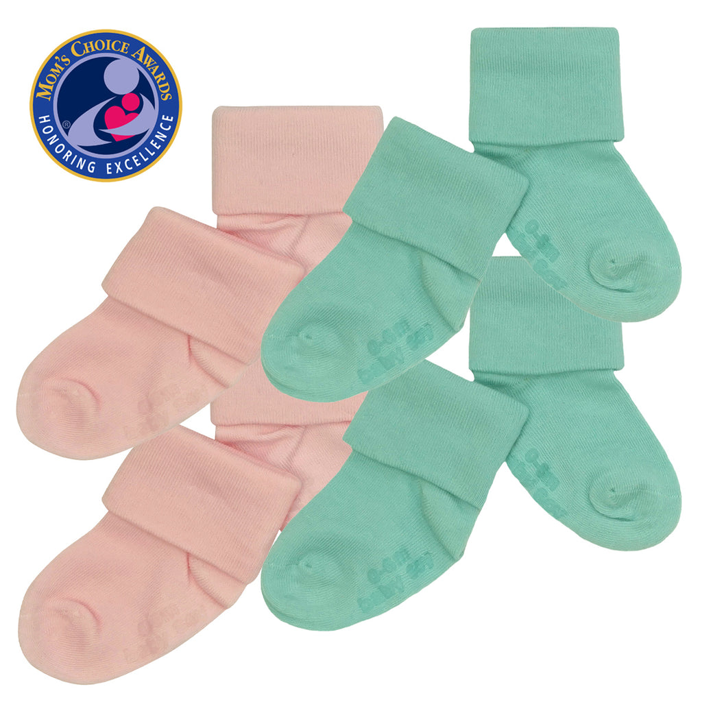 Babysoy BABY toddler newborn Stay on Socks with Grips- Set of 4 in green and pink