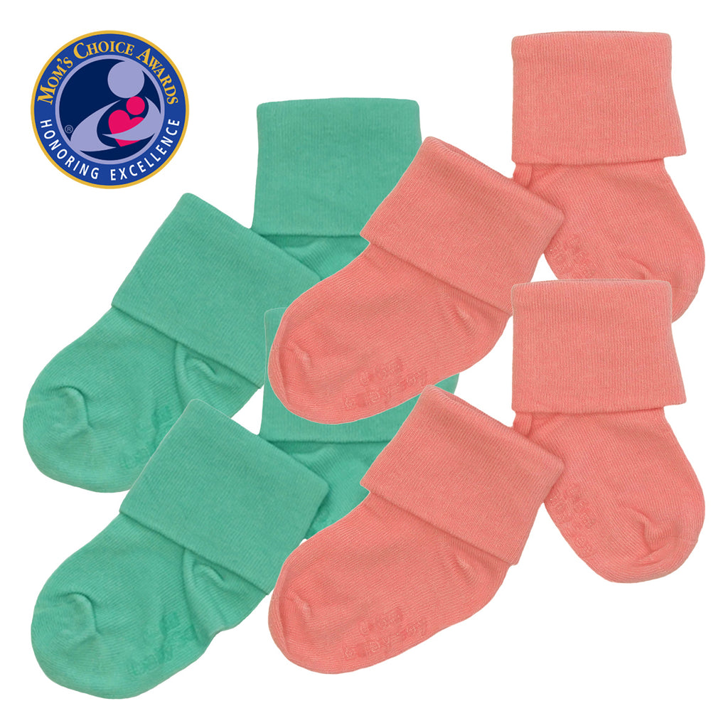 Babysoy BABY toddler newborn Stay on Socks with Grips- Set of 4  in pink rose and seafoam green