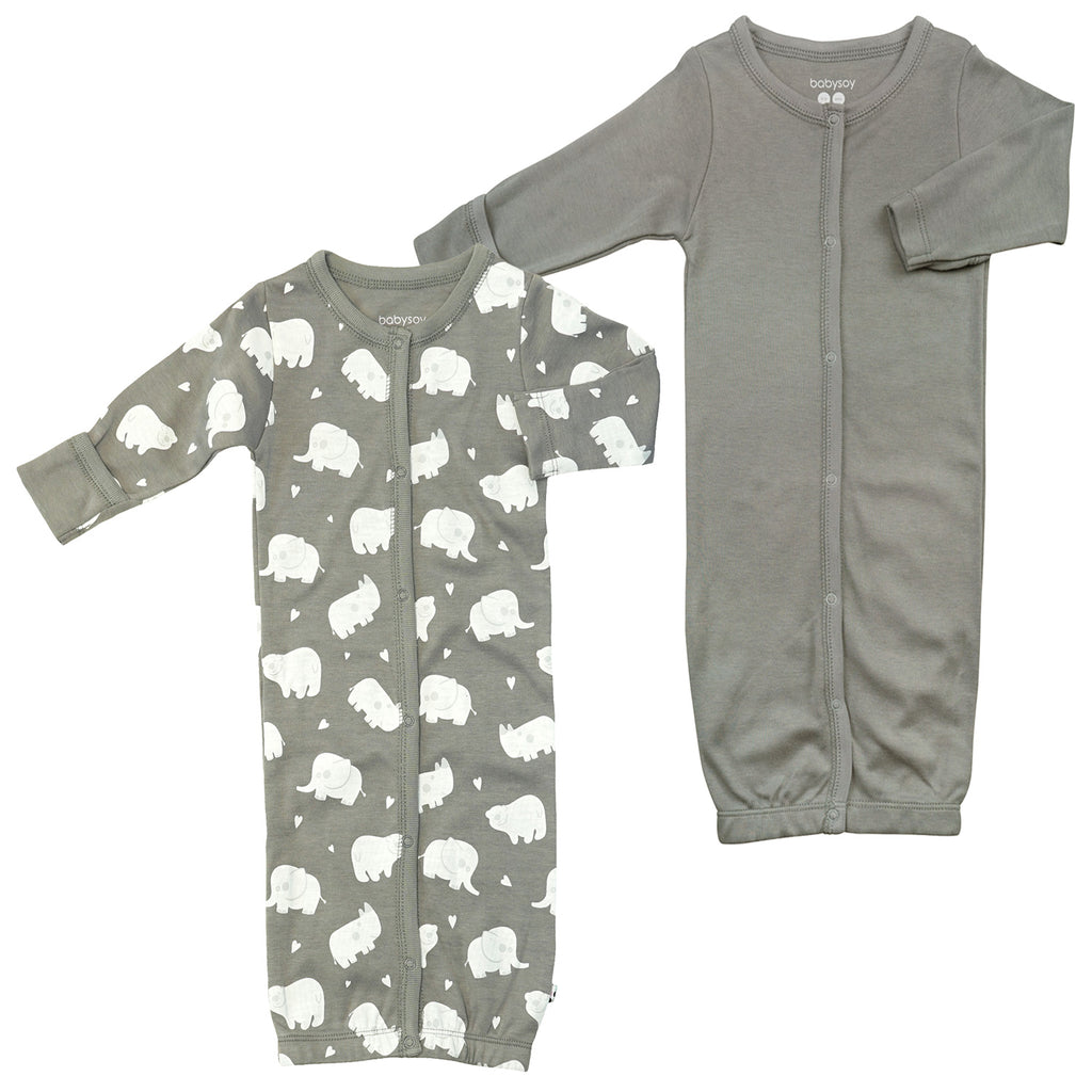 Baby organic snap gown sleeper sack for newborns solid color & animal print with mittens thunder grey 0-3 months pack of two