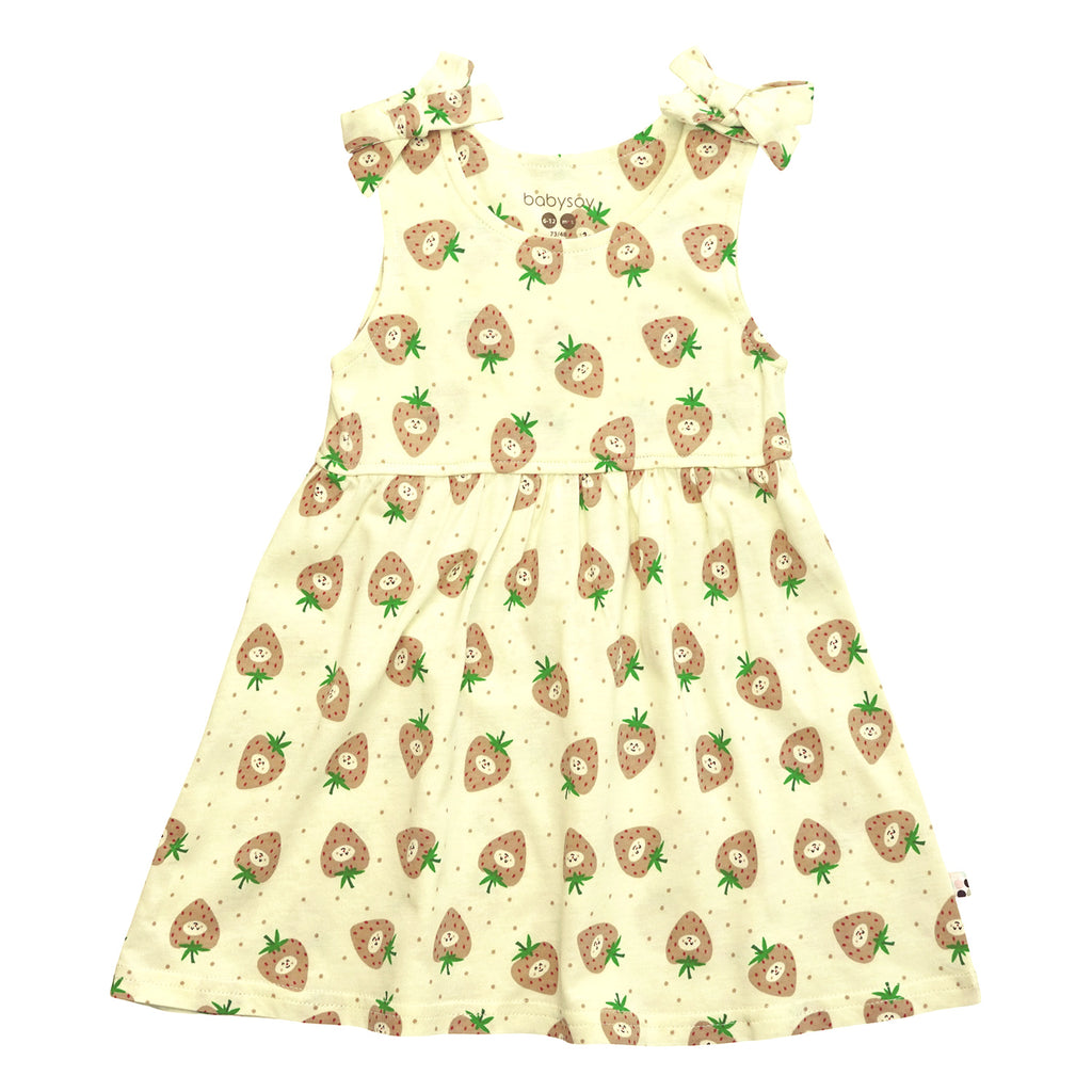 babysoy organic baby girl and toddler girl Pattern Bow Knot Shoulder Tank Dress strawberries