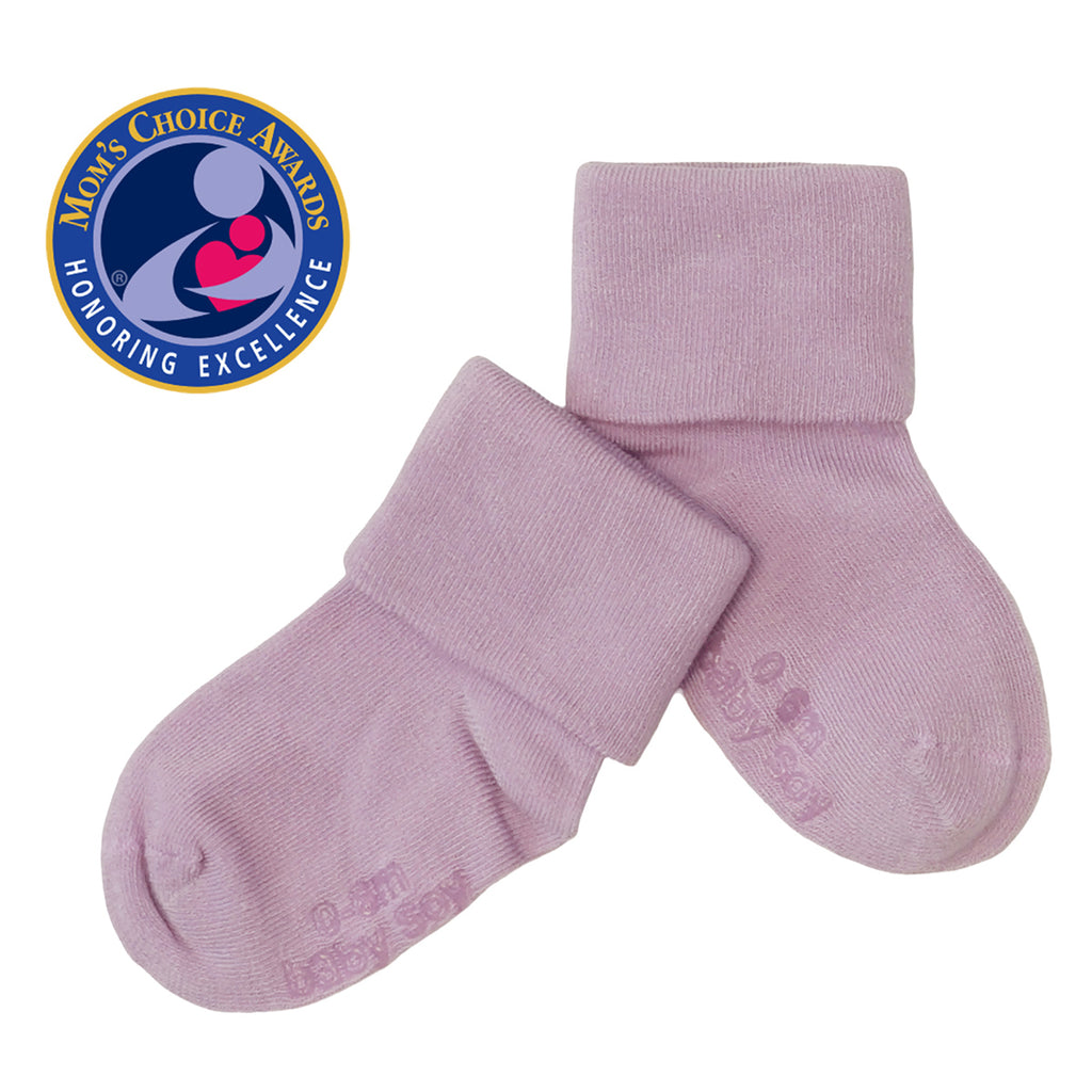 babysoy stay on baby infant newborn socks with gripper in lavender purple size 0-6 months