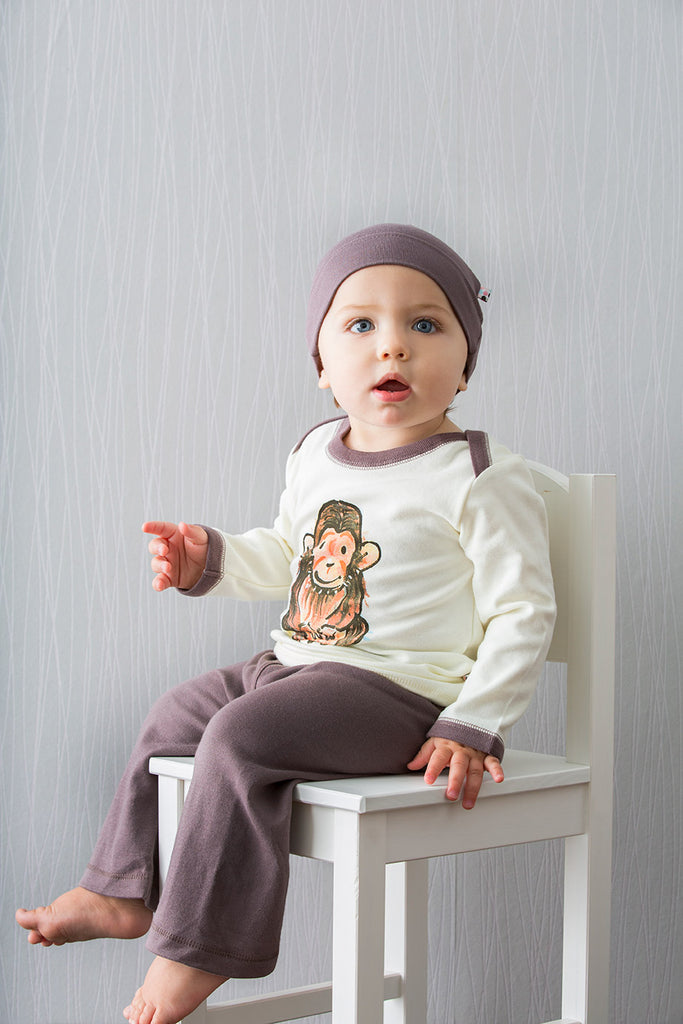 Jane Goodall Baby toddler long sleeve comfort Lounge Tee in chimp acorn brown